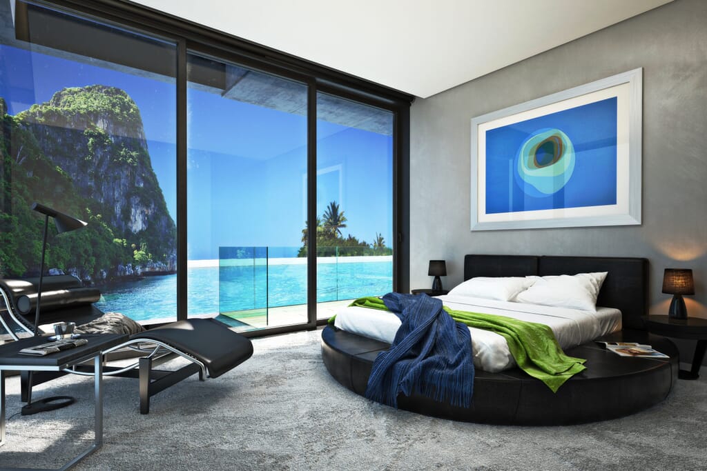 bedroom with pool outside