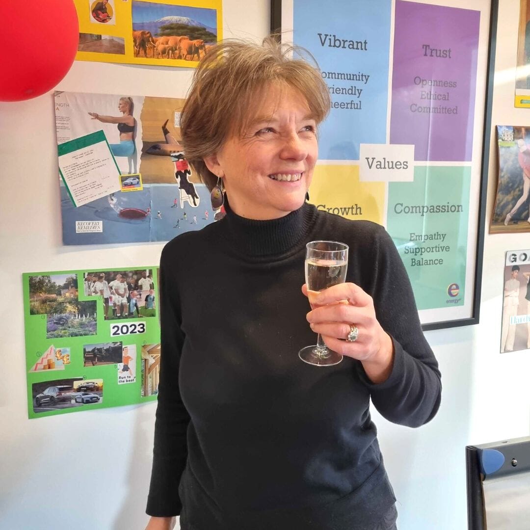 louise findlay-wilson with a glass of champagne