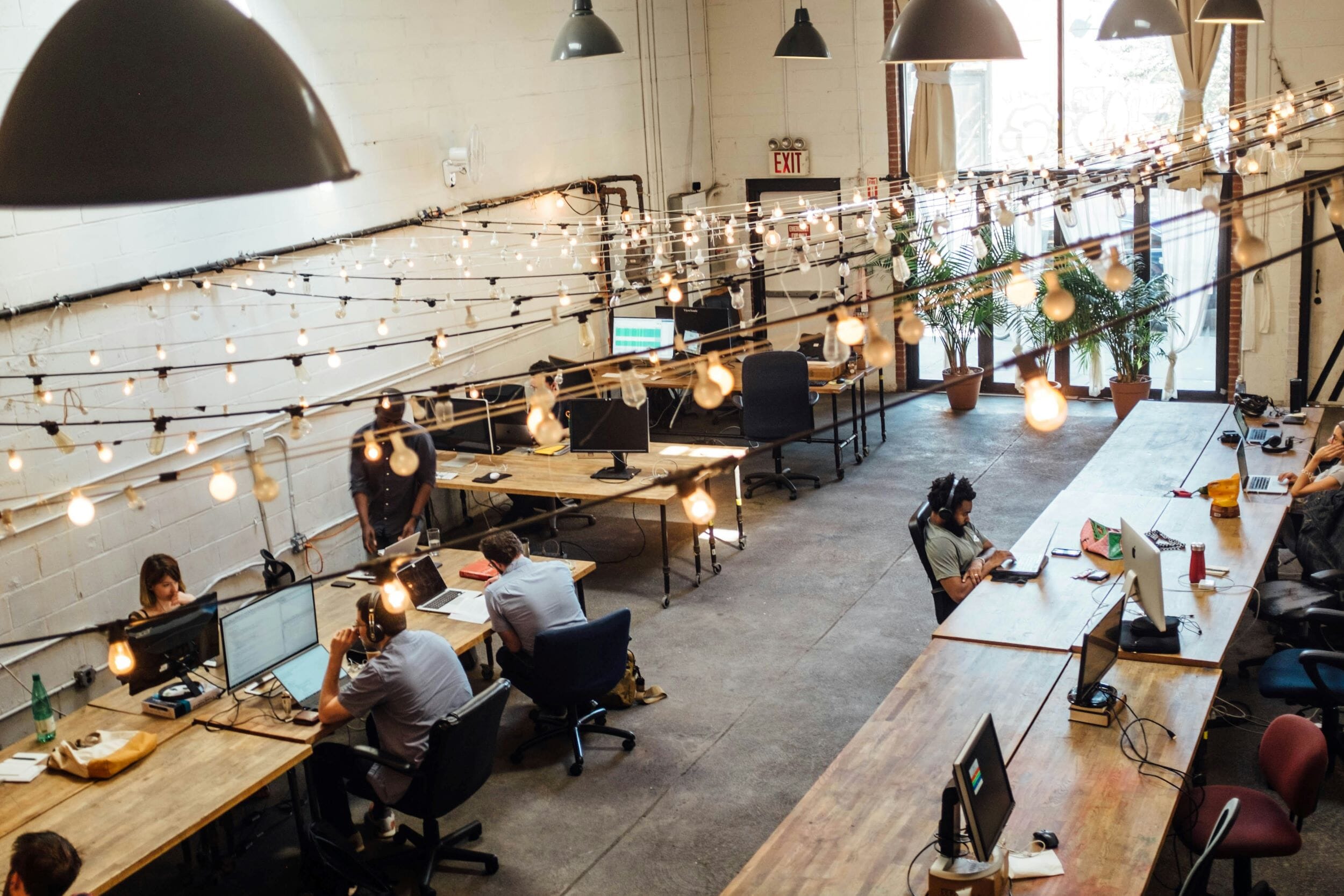 workspace with lightbulbs hanging above
